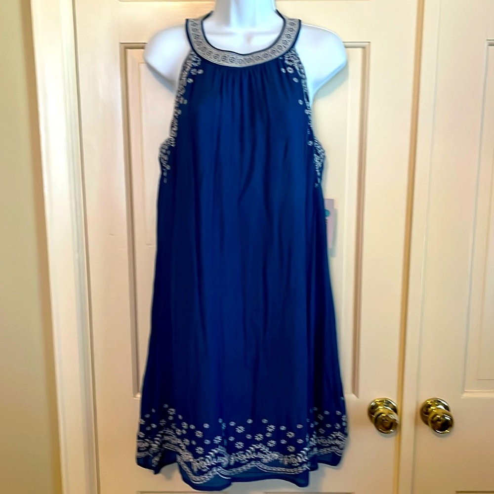 THML Vittoria Embroidered Scallop Detail Dress, Blue, Size XL